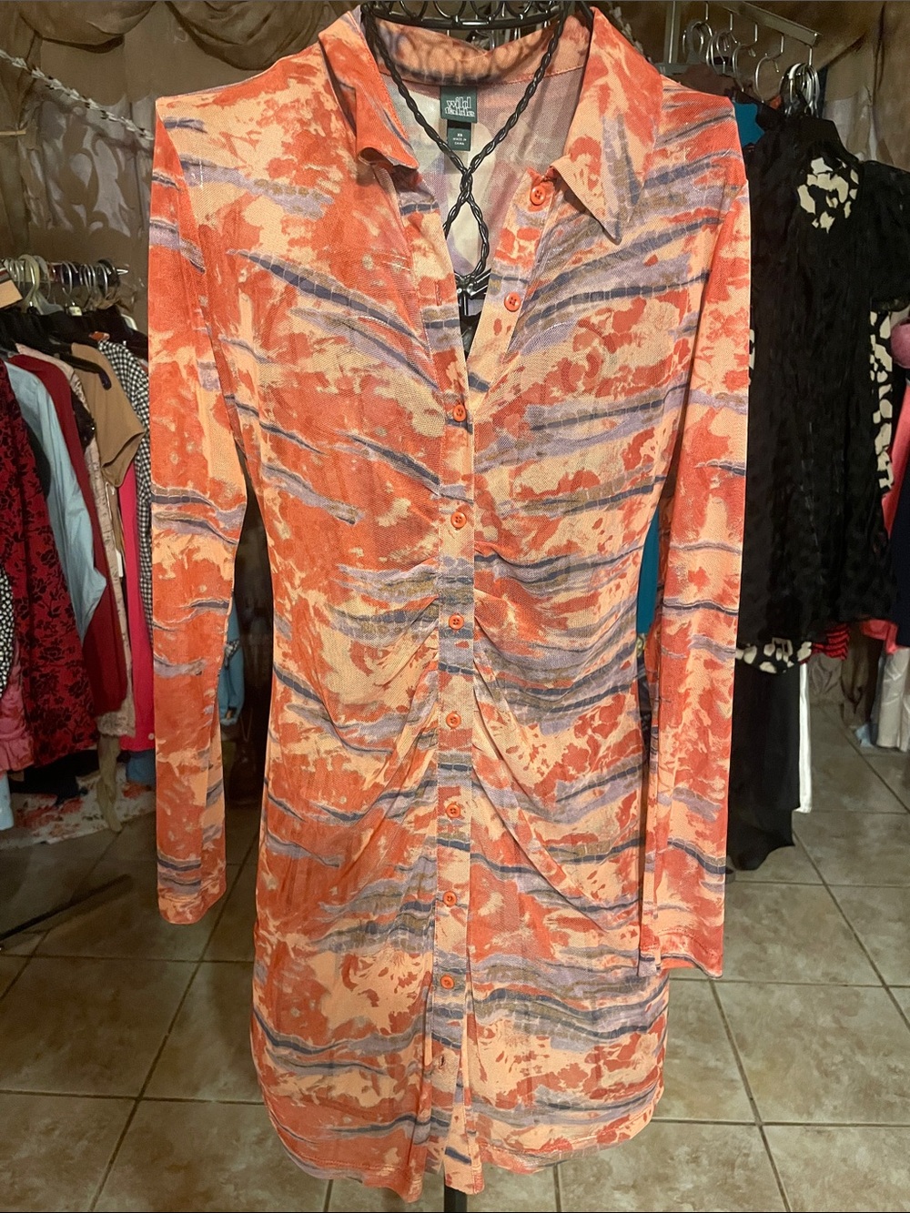 Long Sleeve Button-Front Women’s mesh long Blouse Orange Print